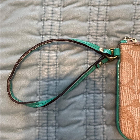 Coach Classic Signature Khaki and  Aqua Teal Wristlet Purse Wallet Bag - Picture 4 of 8